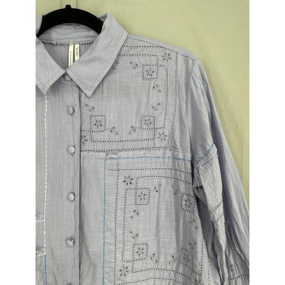 Anthropologie Top Women XS Blue Patchwork Eyelet Button Boho Cottage Embroidered - Picture 5 of 9